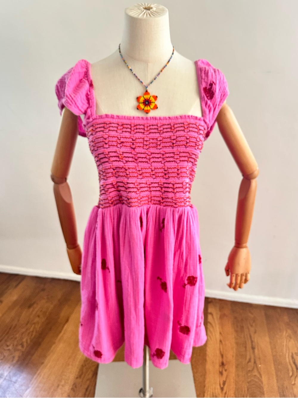 Free People Pink Smocked Mini Dress Floral Puff Sleeve Cottagecore Dress L